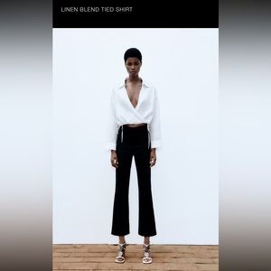 Zara Linen Cropped Tie Long Sleeve Shirt